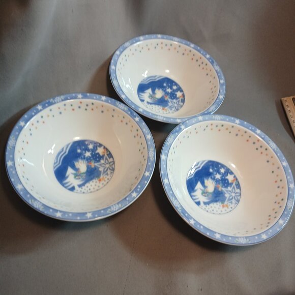 Noritake EPOCH Mr Snowman 3 Soup Cereal Bowls Vintage Stoneware Christmas Blue - Picture 2 of 8